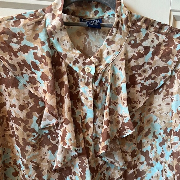 Doncaster Women's Ruffle Blouse - Brown and Blue Pattern 100% Silk - Picture 5 of 6